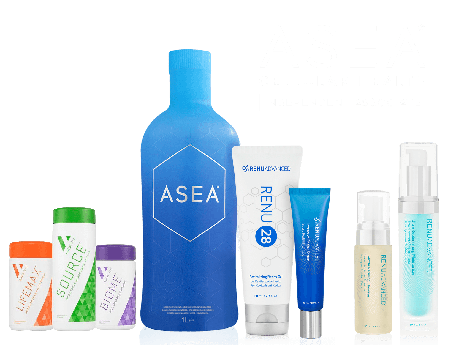ASEA Redox, Renu Advanced skincare, and AseaVia product lineup